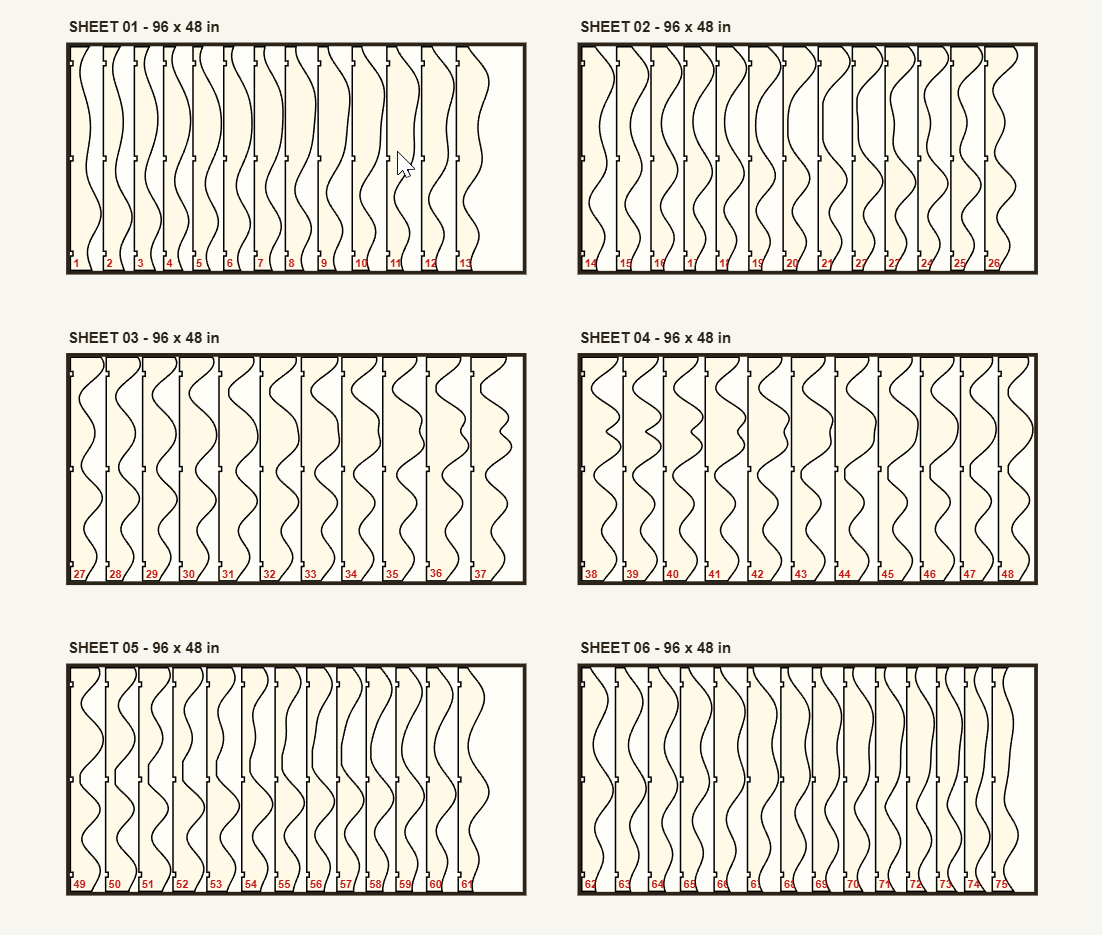 Fabrication sheet layout with numbered CNC slat profiles