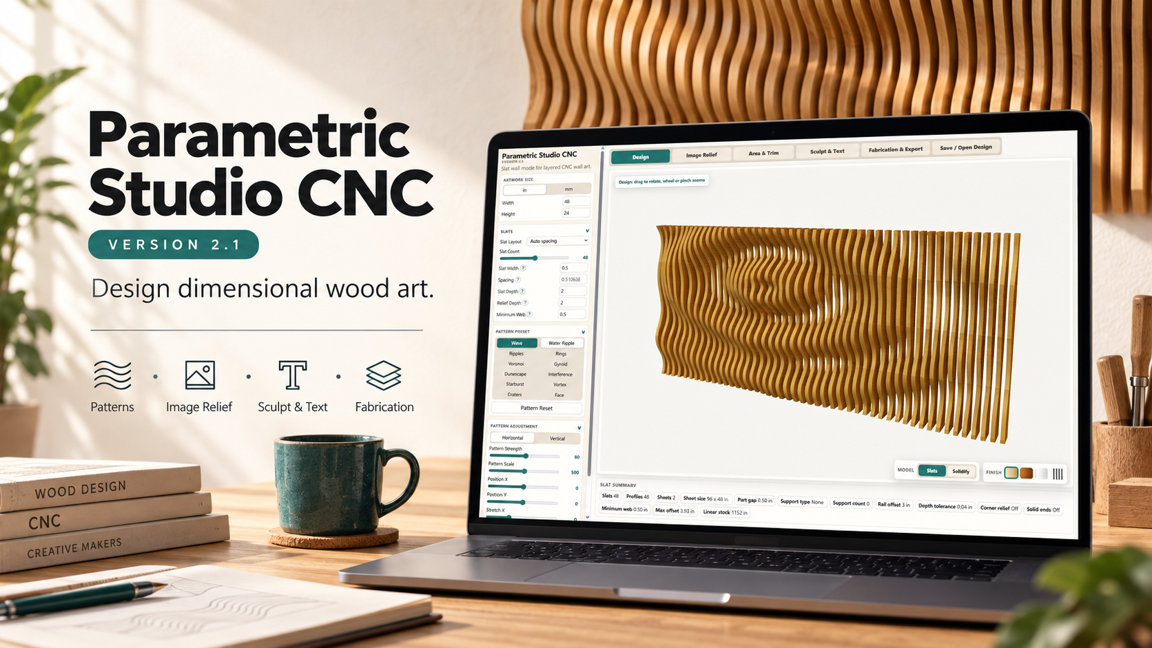 Parametric Studio CNC displayed on a laptop in a woodworking studio setting