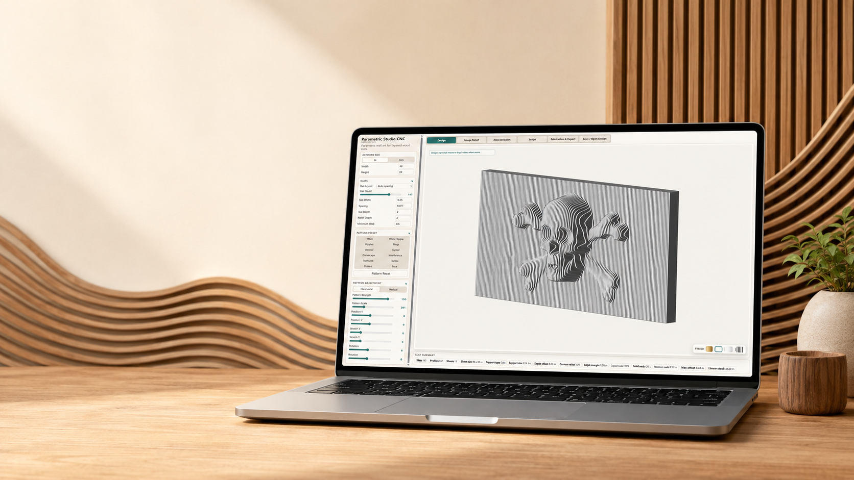 Parametric Studio CNC displayed on a laptop in a woodworking studio setting